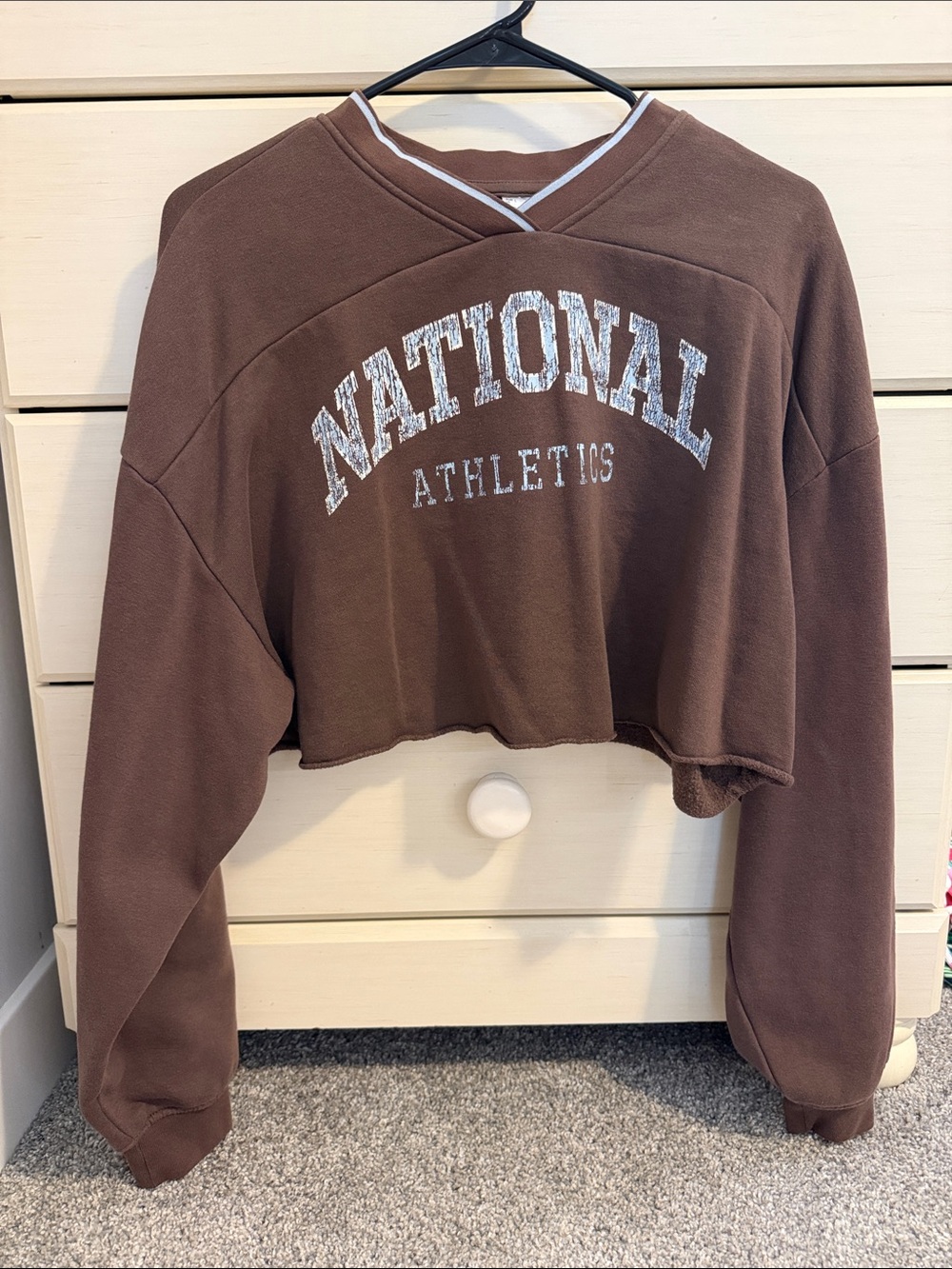 H&M Brown Cropped Crewneck Sweatshirt with White 'National Athletics' Print
